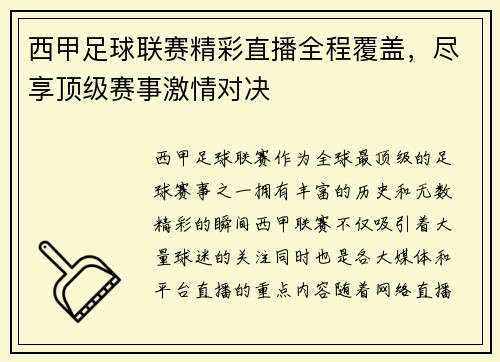 西甲足球联赛精彩直播全程覆盖，尽享顶级赛事激情对决