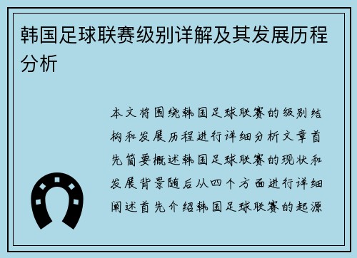 韩国足球联赛级别详解及其发展历程分析