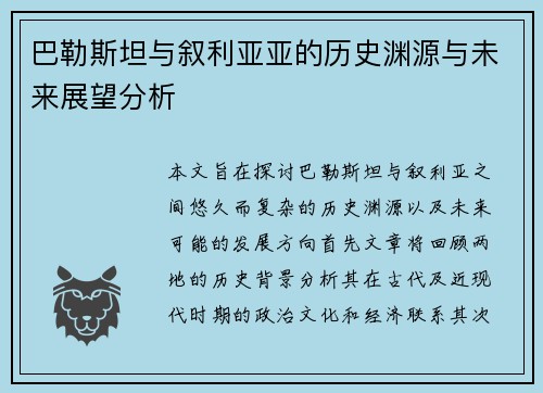 巴勒斯坦与叙利亚亚的历史渊源与未来展望分析